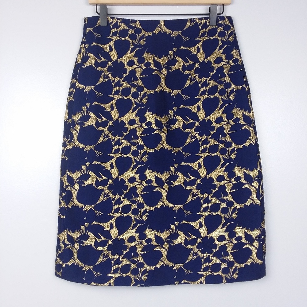 NWT J. Crew Blue/Gold Floral Jacquard Pencil Skirt